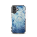 MagSafe clear Ocean Blues case for iPhone 16, abstract blue watercolor ocean water surface.