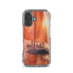 Sophisticated MagSafe iPhone 16 case with sunset ocean waves and red sails artwork for an elegant look.