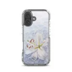 MagSafe iPhone 16 case with elegant white lily flower in peaceful water watercolor.