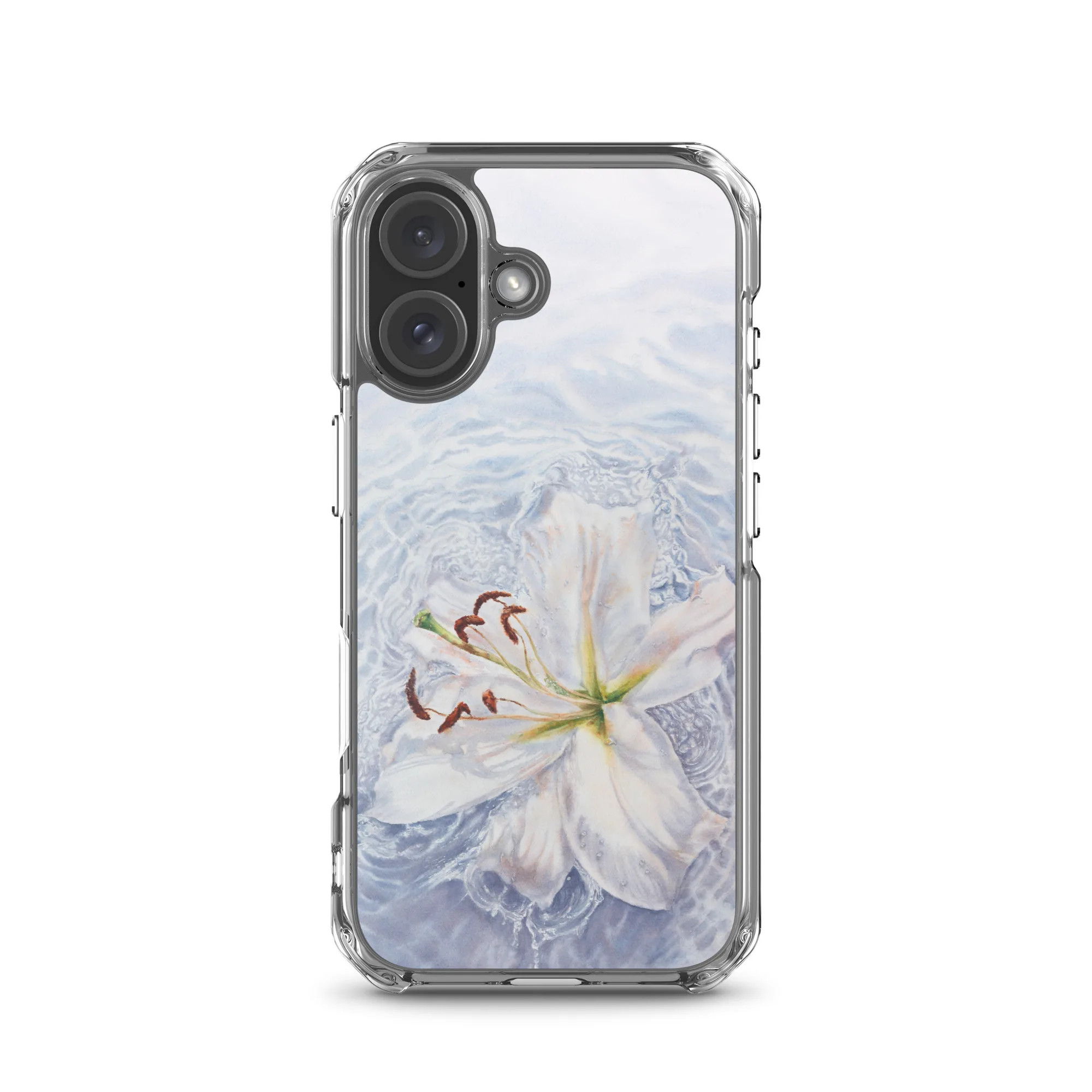 MagSafe iPhone 16 case with elegant white lily flower in peaceful water watercolor.