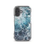 MagSafe iPhone 16 case showcasing abstract vibrant blue ocean and beach art.