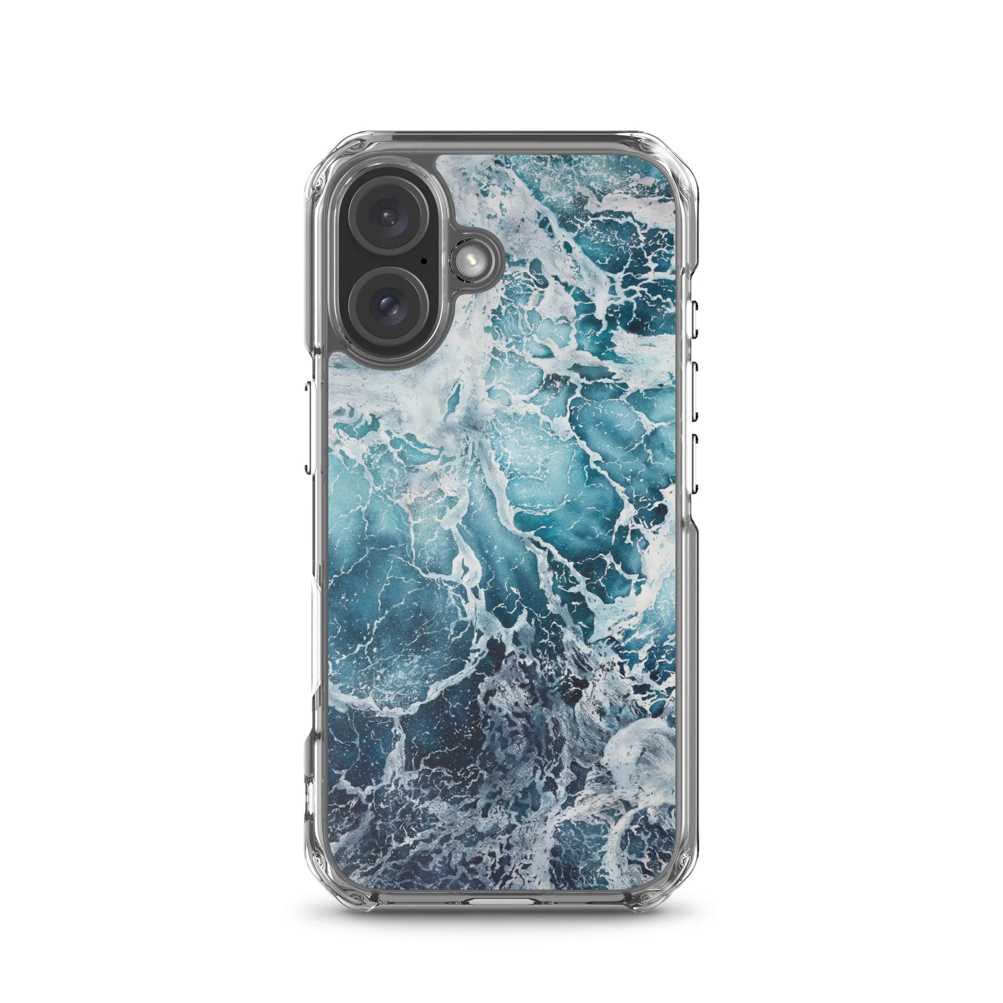 MagSafe iPhone 16 case showcasing abstract vibrant blue ocean and beach art.