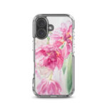 MagSafe clear case for iPhone 16 showcasing pink tulips watercolor painting.