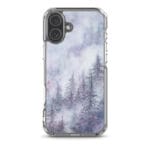 Winter snow landscape iPhone 16 Plus MagSafe case featuring a watercolor tranquil forest in fog.