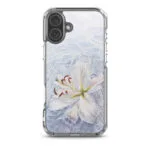 iPhone 16 Plus clear case with serene white lily watercolor painting on blue water.