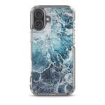 Unique MagSafe iPhone 16 Plus case with abstract blue coastal watercolor design.