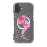 iPhone 16 Plus clear case with unique pink jellyfish watercolor painting.