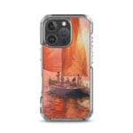 Striking MagSafe iPhone 16 Pro case featuring a vibrant sunset sea scene with artistic red sails.