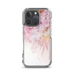 Delicate peony watercolor spring art design on iPhone 16 Pro MagSafe clear case.