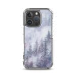 Serene snow-covered watercolor forest scene on iPhone 16 Pro MagSafe clear case.
