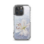 Artistic iPhone 16 Pro MagSafe case featuring a delicate white lily in water.