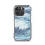 Chic MagSafe iPhone 16 Pro case with dynamic blue tones and artistic ocean wave patterns in watercolor.