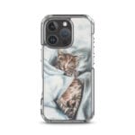 Artistic MagSafe iPhone 16 Pro case with delicate kitten painting in blue and grey.