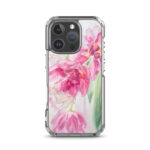 Artistic MagSafe iPhone 16 Pro case with vibrant floral tulips in pink and white hues.