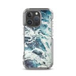 MagSafe iPhone 16 Pro case with abstract watercolor ocean design in green, blue, and white hues