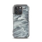 Watercolor ocean waves MagSafe case for iPhone 16 Pro, grey and blue hues.