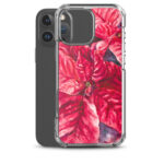 Red Poinsettia MagSafe iPhone case on black iPhone, elegant Christmas floral design for stylish and protective holiday phone accessory.