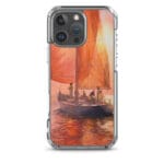 Aesthetic MagSafe iPhone 16 Pro Max case with watercolor art of a sailing boat on a sunset ocean.