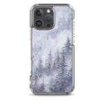 Peaceful watercolor foggy snow forest design on iPhone 16 Pro Max clear case.