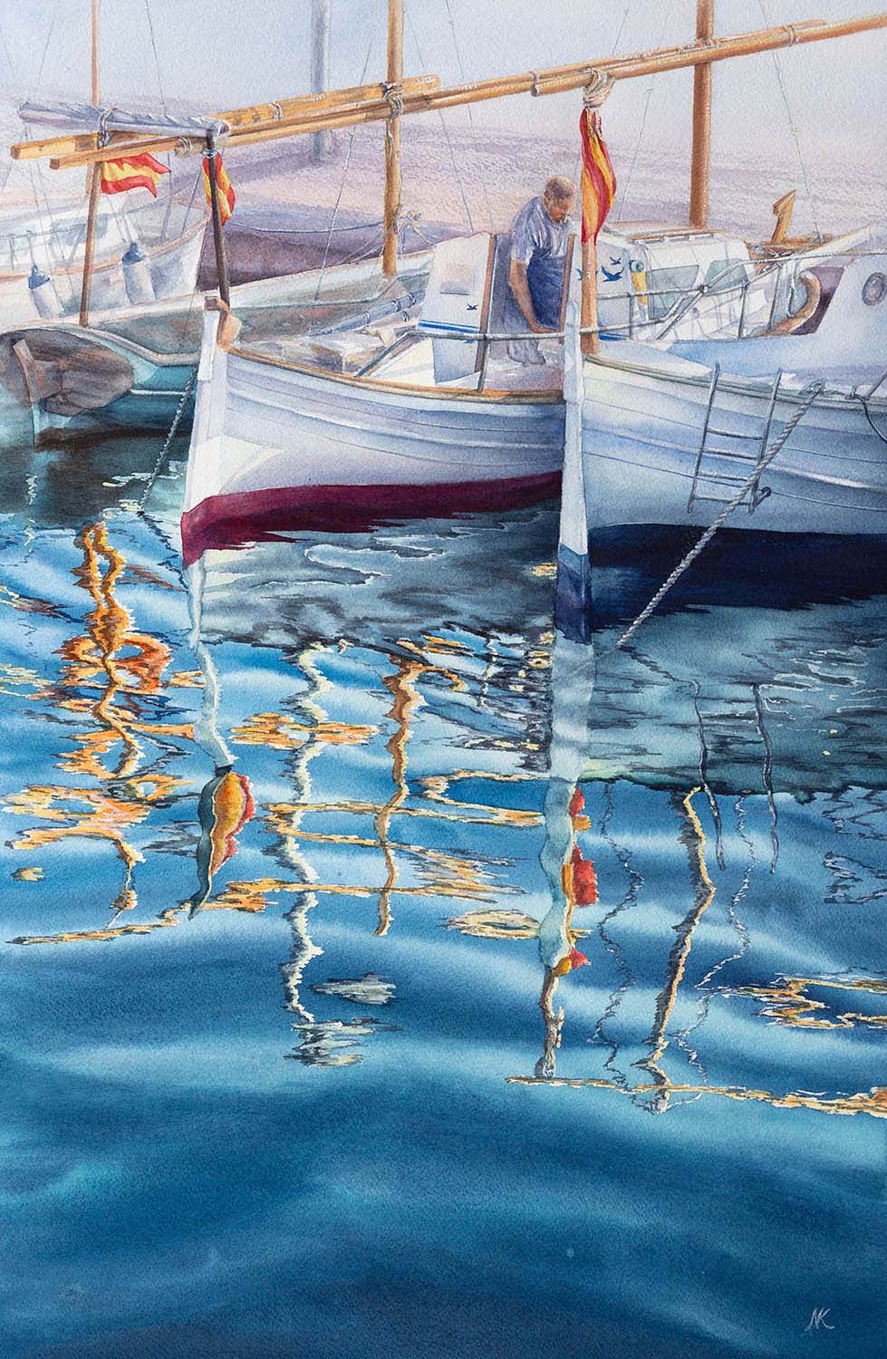 Wide view of ‘Morning in the Port,’ showcasing a peaceful harbor scene with gentle waves and a quiet boat in soft blue tones.