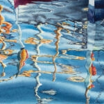 Close-up of the boat in ‘Morning in the Port,’ highlighting delicate watercolor textures and the calm reflection on the water.