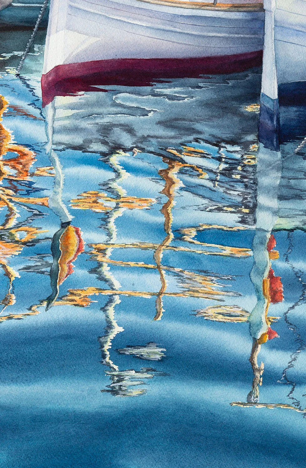 Close-up of the boat in ‘Morning in the Port,’ highlighting delicate watercolor textures and the calm reflection on the water.