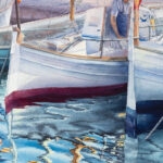 Detailed view of the soft blue waves in ‘Morning in the Port,’ capturing the tranquil atmosphere of a quiet seaside morning.