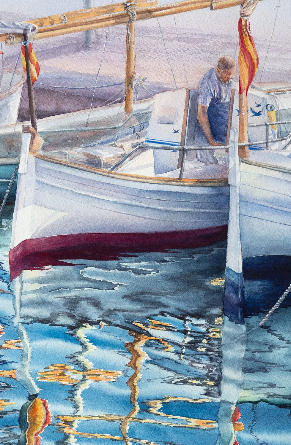 Detailed view of the soft blue waves in ‘Morning in the Port,’ capturing the tranquil atmosphere of a quiet seaside morning.