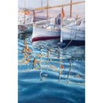 Full view of ‘Morning in the Port,’ a watercolor painting of a resting boat on calm blue waters under a soft morning sky.