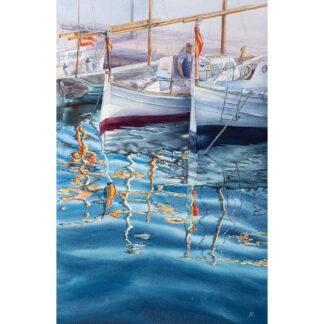 Full view of ‘Morning in the Port,’ a watercolor painting of a resting boat on calm blue waters under a soft morning sky.