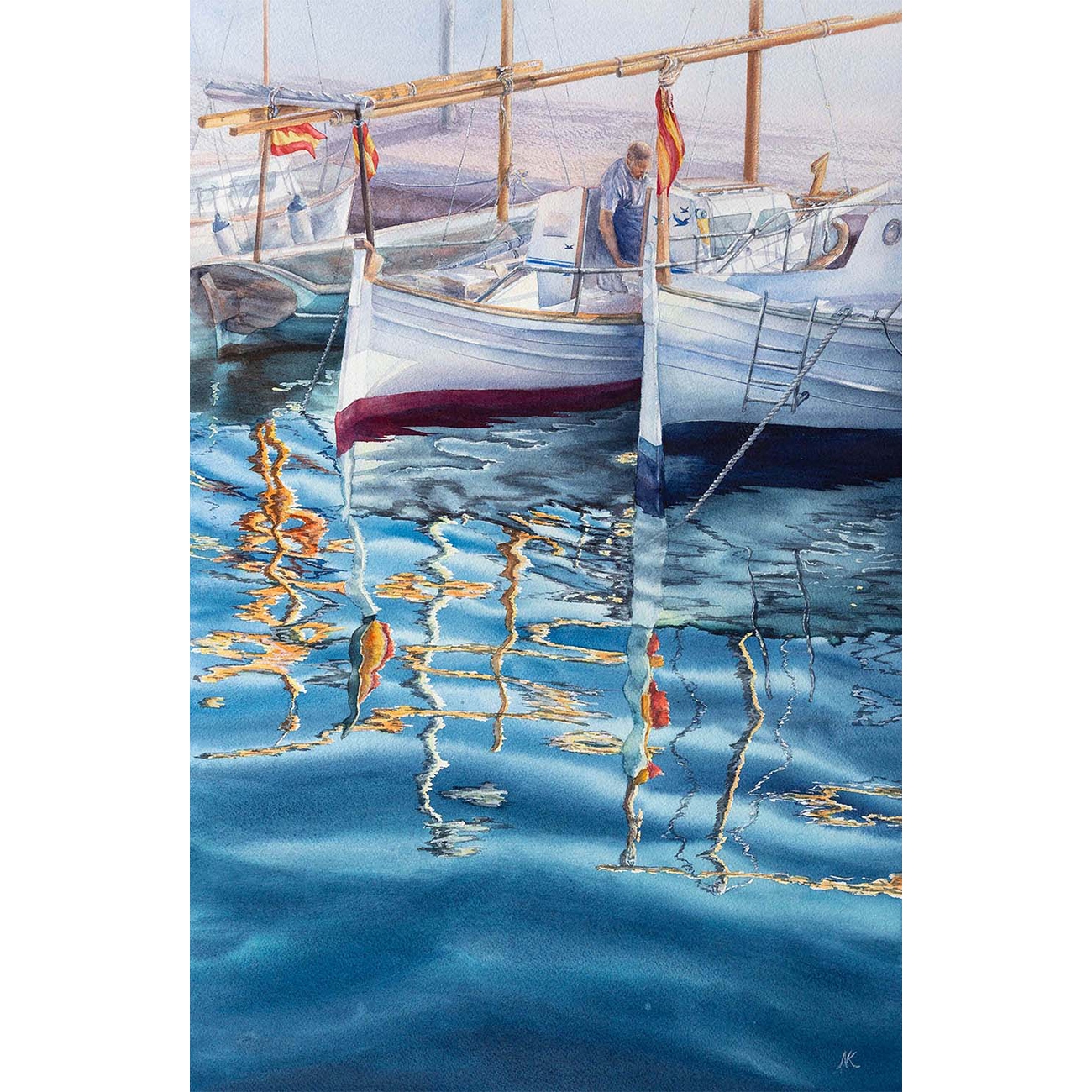 Full view of ‘Morning in the Port,’ a watercolor painting of a resting boat on calm blue waters under a soft morning sky.