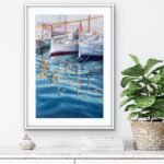 Framed ‘Morning in the Port’ in a beach house entryway, complementing coastal decor with its calm seascape.