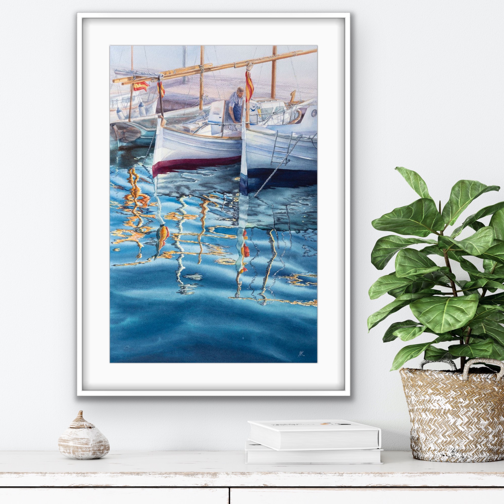 Framed ‘Morning in the Port’ in a beach house entryway, complementing coastal decor with its calm seascape.