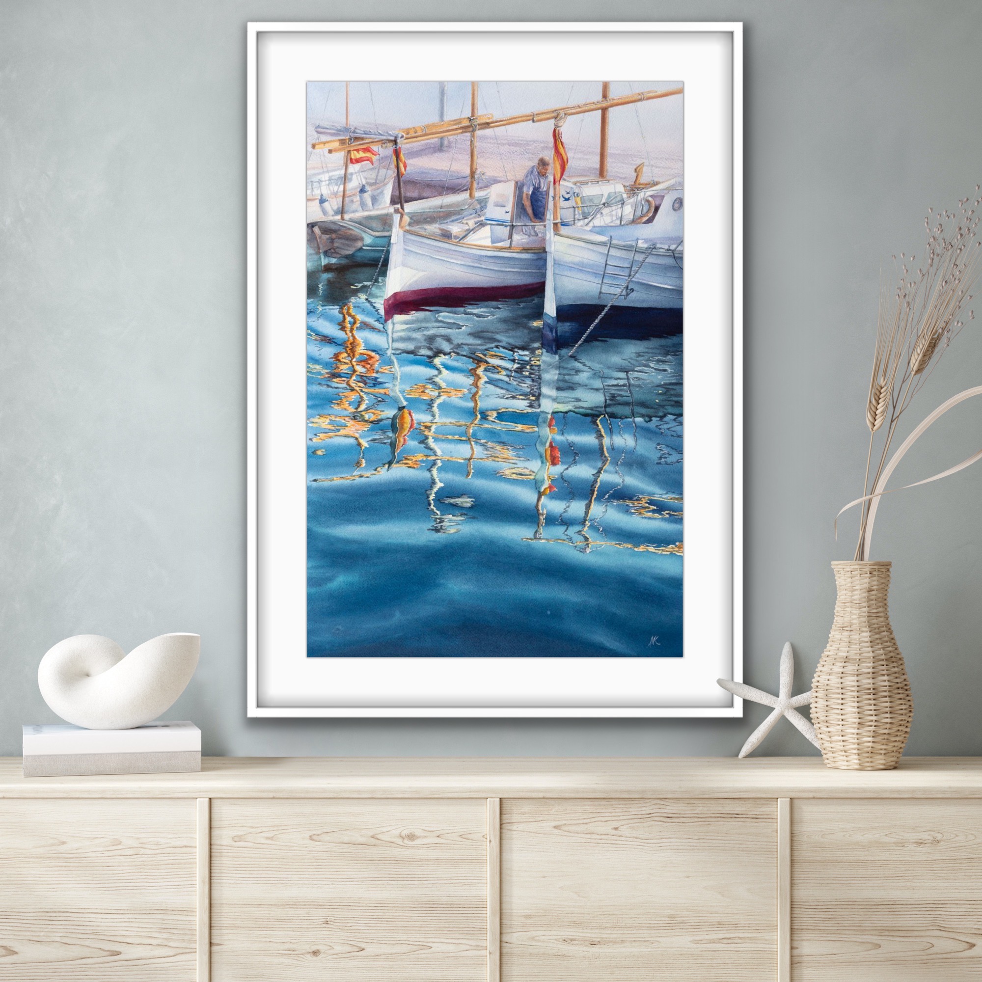 ‘Morning in the Port’ displayed in a nautical-themed interior, inspiring calm with its serene harbor scene.