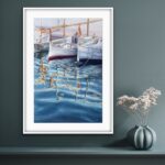 Framed ‘Morning in the Port’ above a console table, offering a peaceful harbor view to the space.