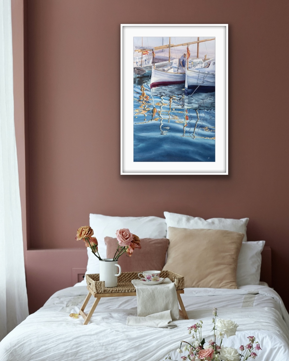 Framed ‘Morning in the Port’ in a minimalist bedroom, adding a serene nautical touch with its calming blue hues.