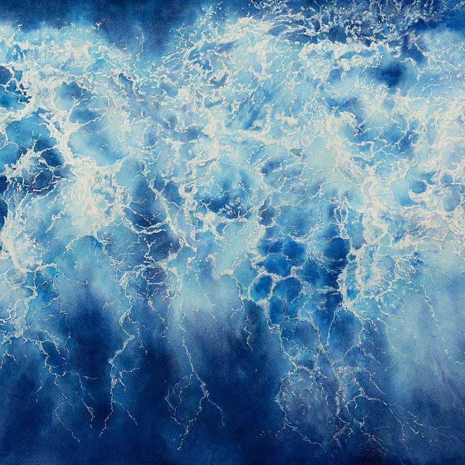 Abstract blue ocean water with rich textures and flowing shades of blue, evoking the depth and serenity of the sea. Ocean collection original paintings by Kateryna Nazarenko.