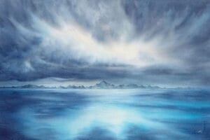 A watercolor painting titled "Where Storm Meets Light" by Kateryna Nazarenko, depicting dramatic stormy skies above a tranquil blue ocean with soft reflections, capturing the balance of light and shadow in nature.