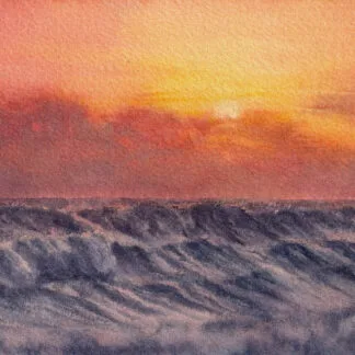 Watercolor painting titled Burning Horizon by Kateryna Nazarenko, depicting ocean waves under a dramatic sunset sky with rich orange and red hues.