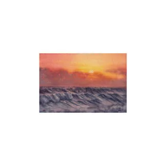 Burning Horizon miniature watercolor painting featuring a sunset over the ocean in vivid orange, red, and gold hues, with dynamic waves and a glowing sky.