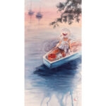 Dreamer – original watercolor painting of a young girl sitting in a blue boat on calm ocean waters during a sunset, featuring soft pink, orange, and purple sky reflections.