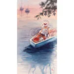 Dreamer – original watercolor painting of a young girl sitting in a blue boat on calm ocean waters during a sunset, featuring soft pink, orange, and purple sky reflections.