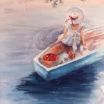 Watercolor painting Dreamer – serene seascape of a girl in a blue boat on calm ocean waters at sunset, with pink, orange, and purple sky reflections.