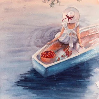 Watercolor painting Dreamer – serene seascape of a girl in a blue boat on calm ocean waters at sunset, with pink, orange, and purple sky reflections.