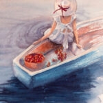 A detailed view of Dreamer watercolor painting, featuring a young girl sitting peacefully in a delicate blue boat, surrounded by the warm hues of a sunset sky reflecting on the calm sea. The soft brushstrokes and fluid watercolor technique create a dreamy and tranquil atmosphere.