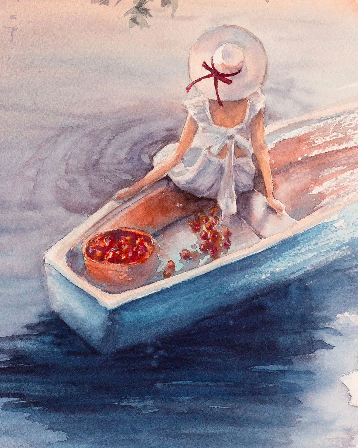A detailed view of Dreamer watercolor painting, featuring a young girl sitting peacefully in a delicate blue boat, surrounded by the warm hues of a sunset sky reflecting on the calm sea. The soft brushstrokes and fluid watercolor technique create a dreamy and tranquil atmosphere.