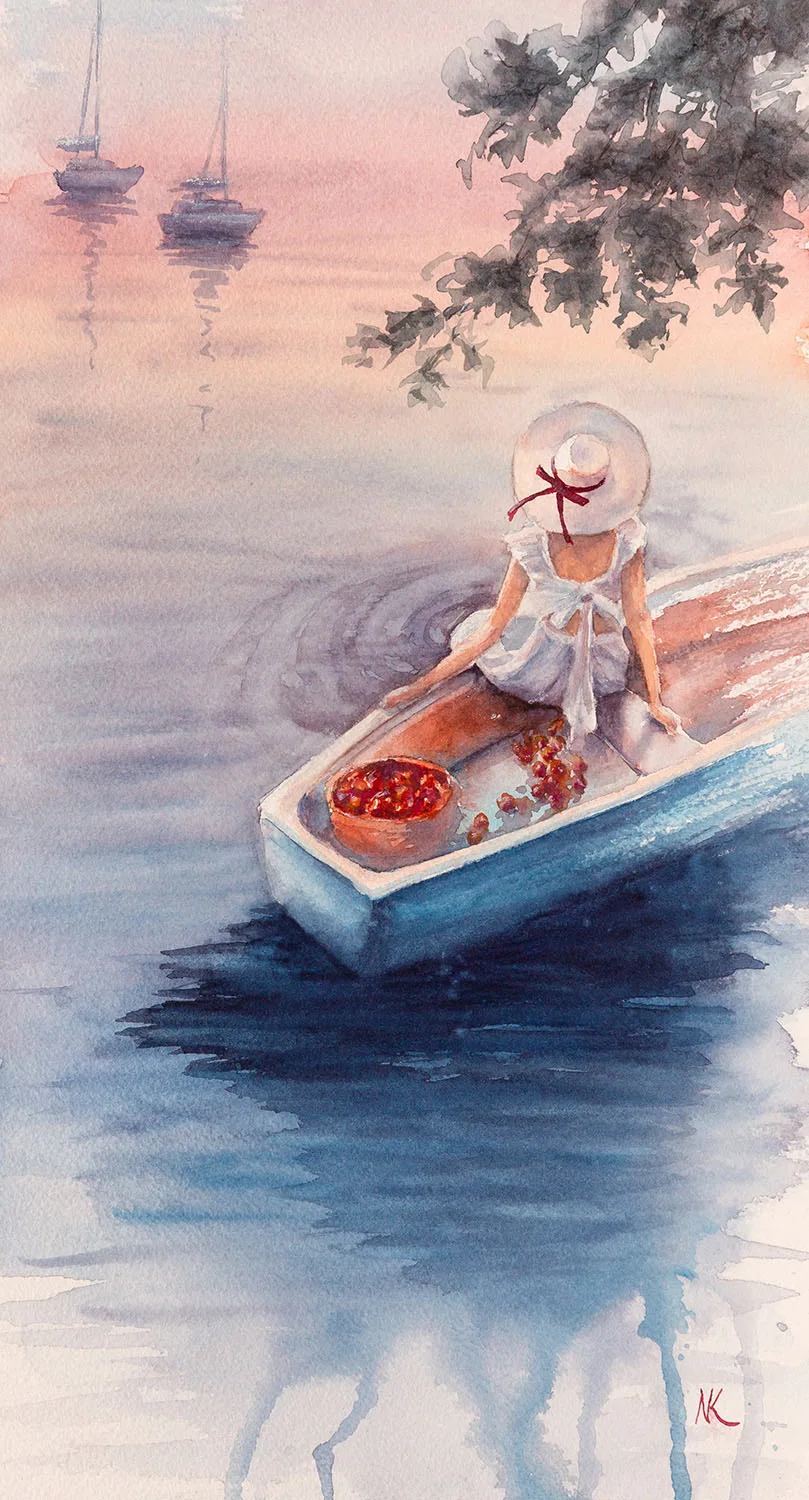 Watercolor painting Dreamer – serene seascape of a girl in a blue boat on calm ocean waters at sunset, with pink, orange, and purple sky reflections.