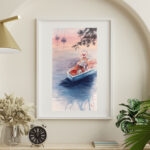 Framed Dreamer watercolor painting – serene seascape with a young girl in a boat at sunset, adding a peaceful and dreamy touch to any interior decor.