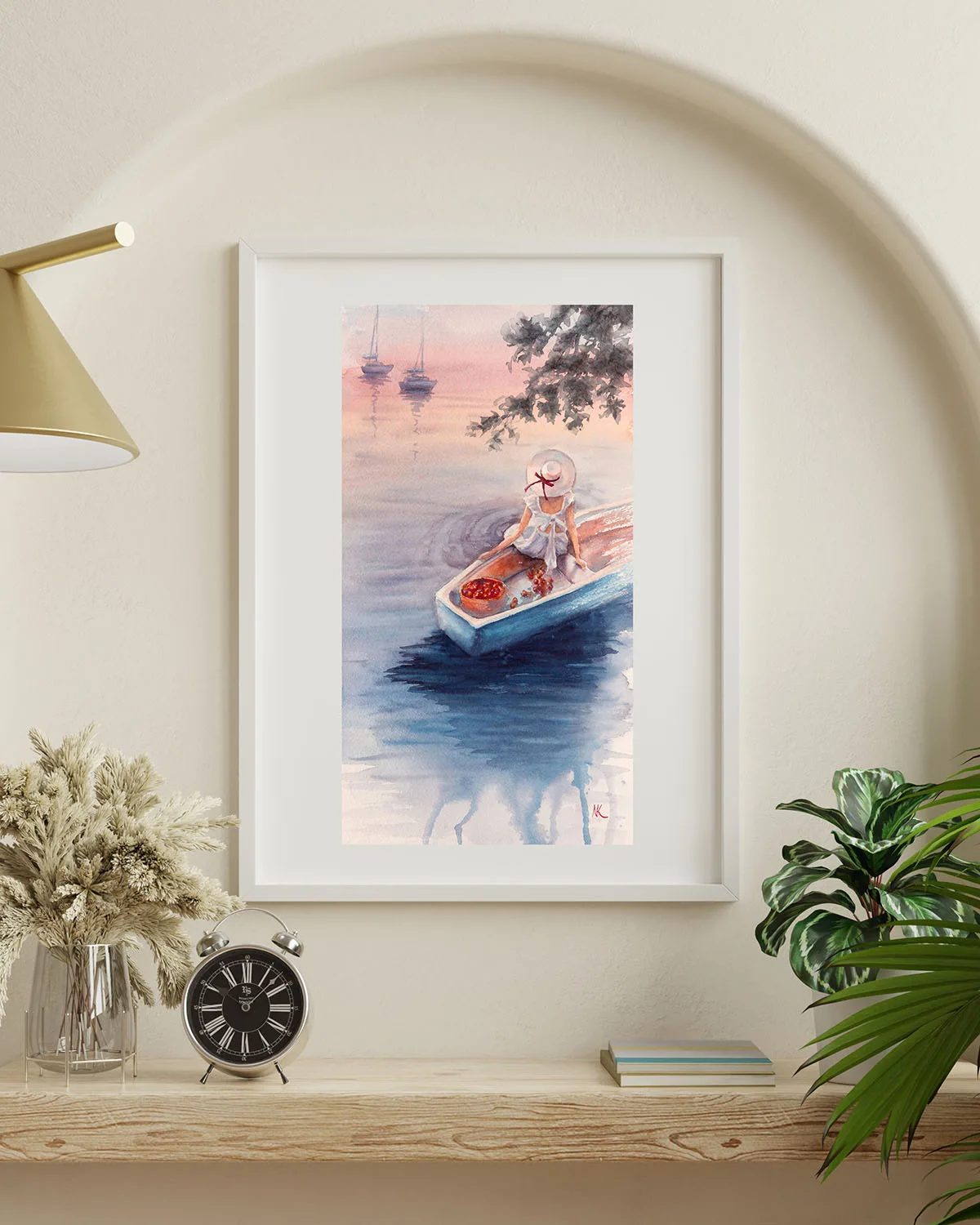 Framed Dreamer watercolor painting – serene seascape with a young girl in a boat at sunset, adding a peaceful and dreamy touch to any interior decor.