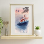 Dreamer – tranquil watercolor painting of a girl in a boat at sunset, elegantly displayed in a frame above a shelf, enhancing a cozy space.
